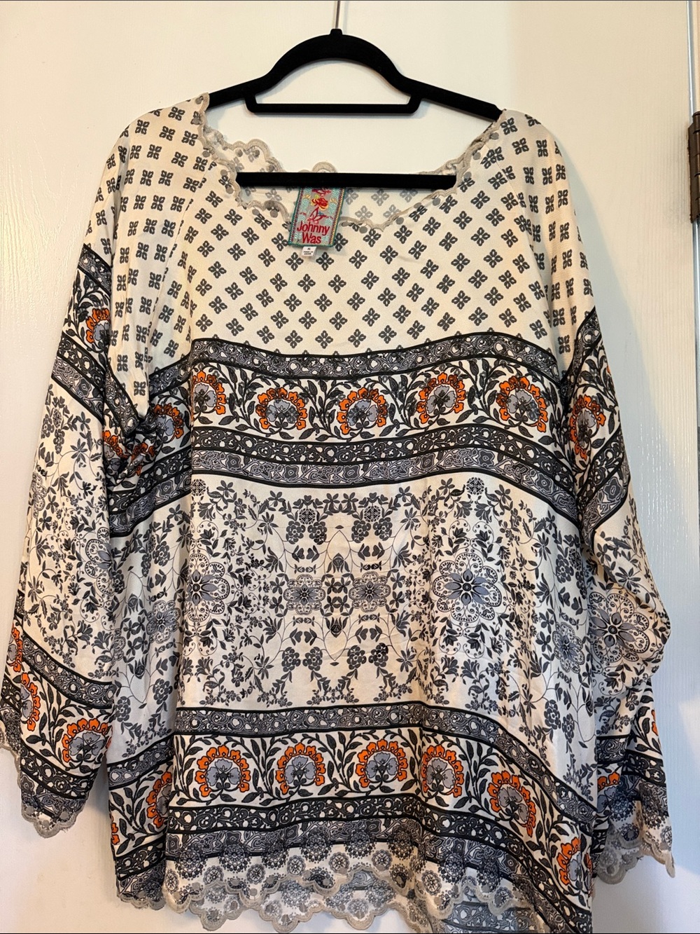 Johnny Was Cream Boho Printed Peasant Blouse with Black and Orange Detail